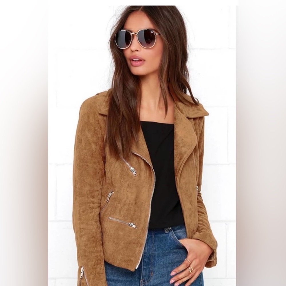 Lulus Suede With Love Tan Camel Zip Moto Jacket Faux suede vegan coat womens Xs